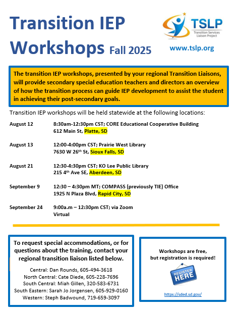August 12 from 8:30a.m to 12:30pm CST in Platte, August 13 from 12:00 to 4:00p.m CST in Sioux Falls, August 21 from 12:30 to 4:30p.m CST in Aberdeen, September 9 from 12:30 to 4:30p.m MT in Rapid City, September 24 from 9:00a.m to 12:30p.m CST virtually via Zoom